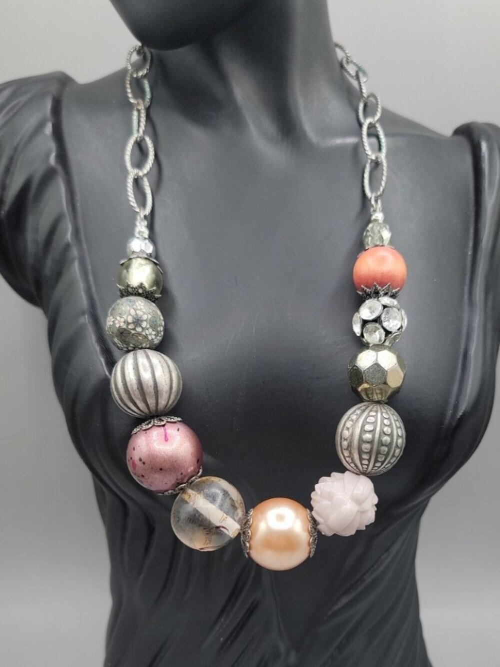 VTG Cookie Lee Asymmetrical Chunky Statement Necklace Mixed Media Beaded 18"